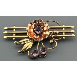 Vintage Harry Iskin Bar Brooch Floral Two Tone Gold Filled Purple Rhinestones